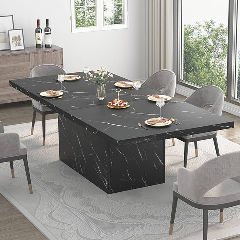 Dining Table: Industrial Black Faux Marble Monolithic Pedestal Base