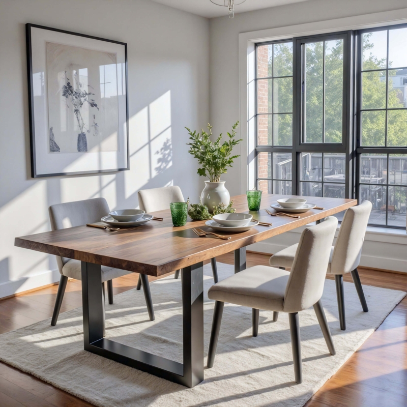 Dining Table Industrial U-Base Walnut Brown Wood Slab