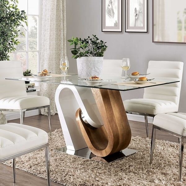 Dining Table Interlocking Base Glass Top White Modern
