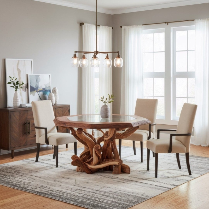 Dining Table Juniper Log Base Octagonal Glass Top Organic