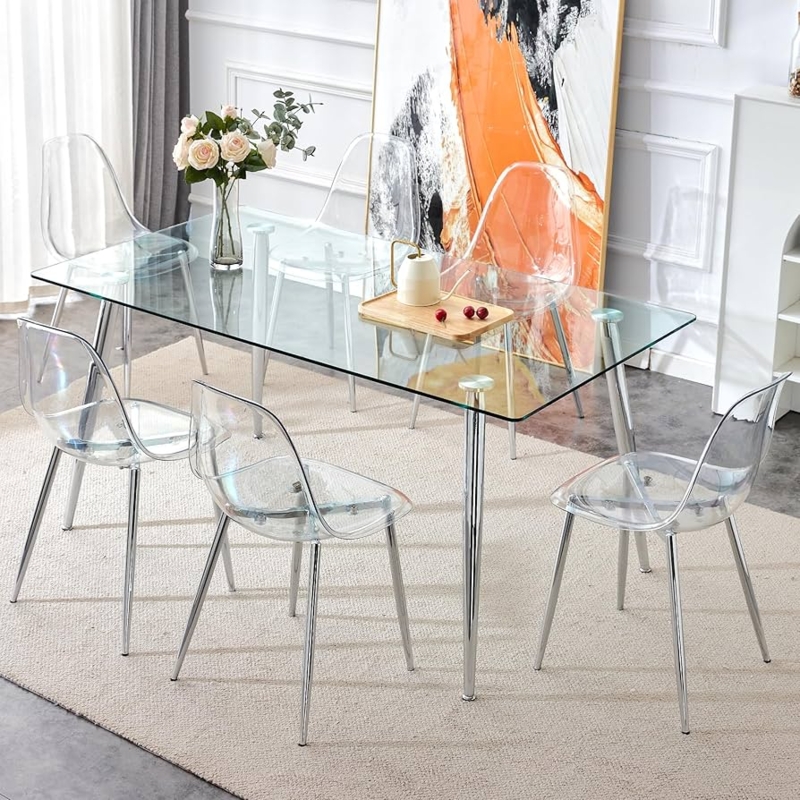 Dining Table: Modern Glass Dining Table, Polished Chrome Legs