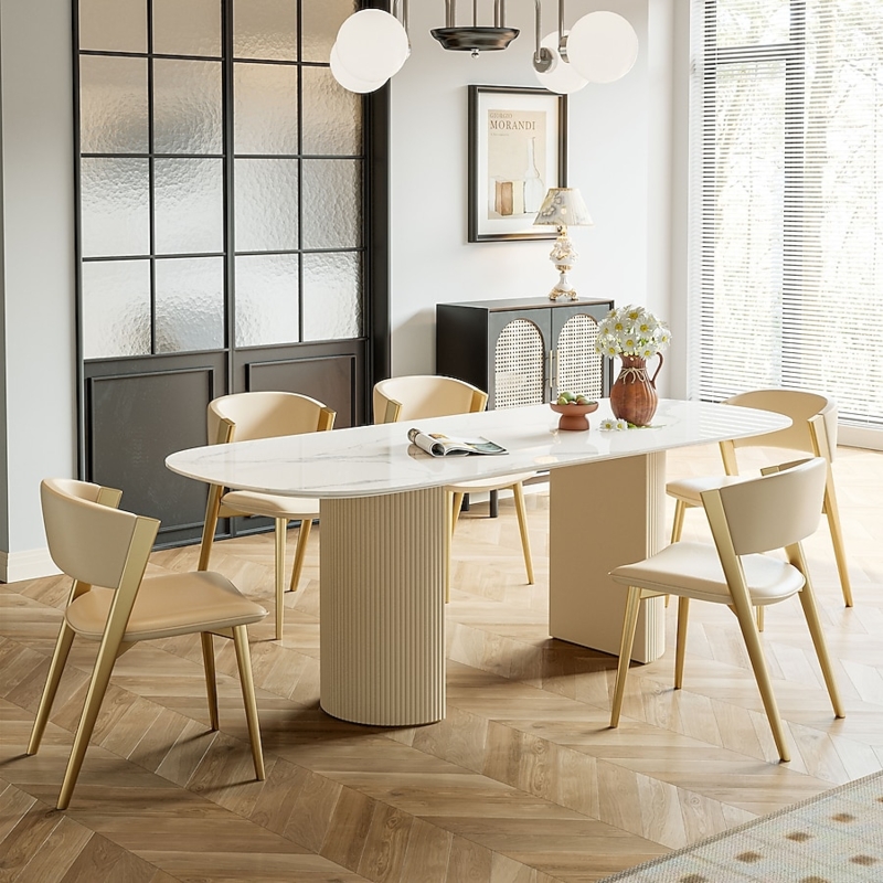 Dining Table Modern White Oval Stone Like Veining Fluted Base
