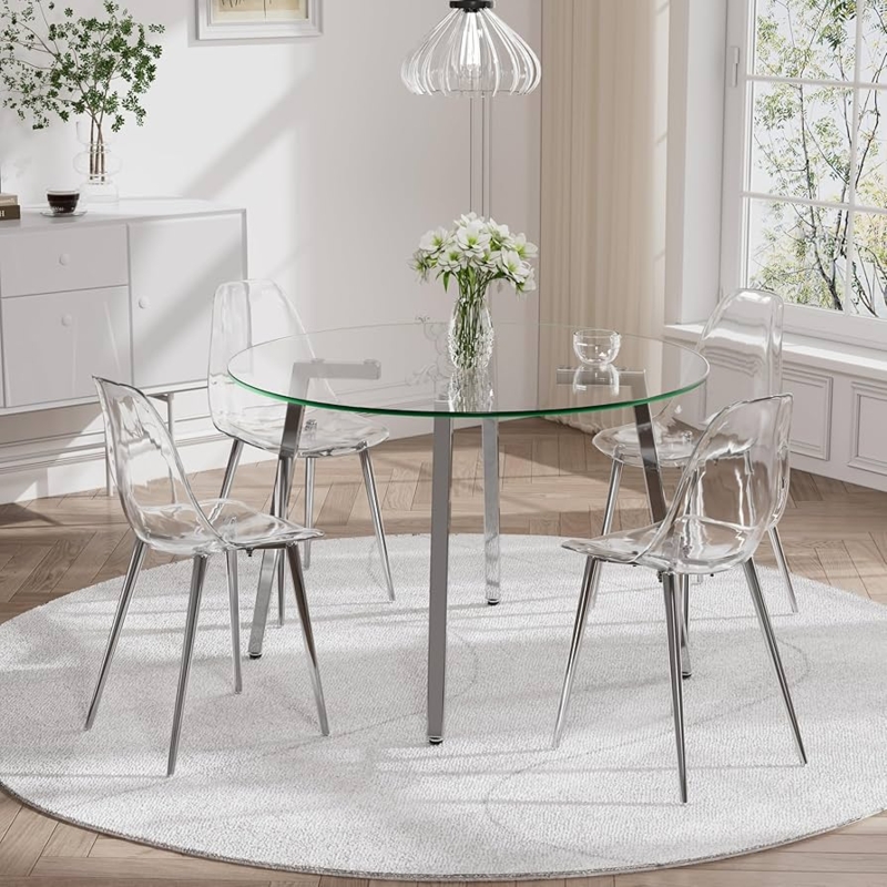 Dining Table Set: Clear Round Glass Dining Set, Silver Tapered Legs