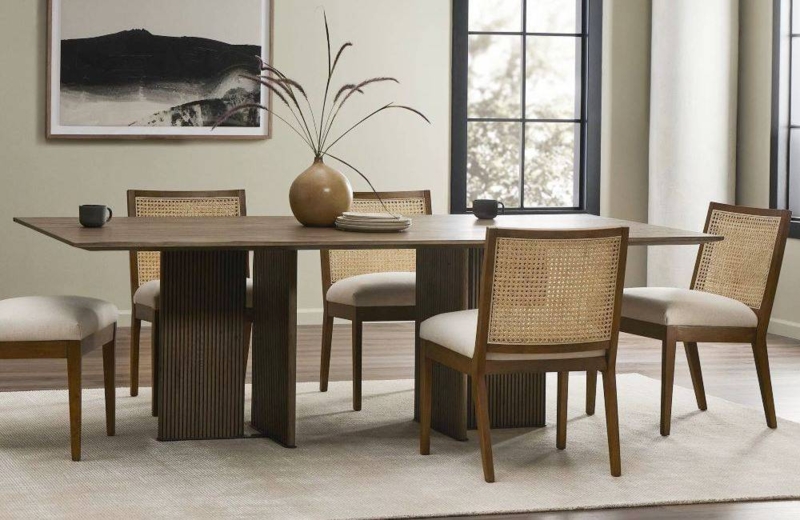Dining Table Set Fluted Pedestal Base Cane Back Chairs