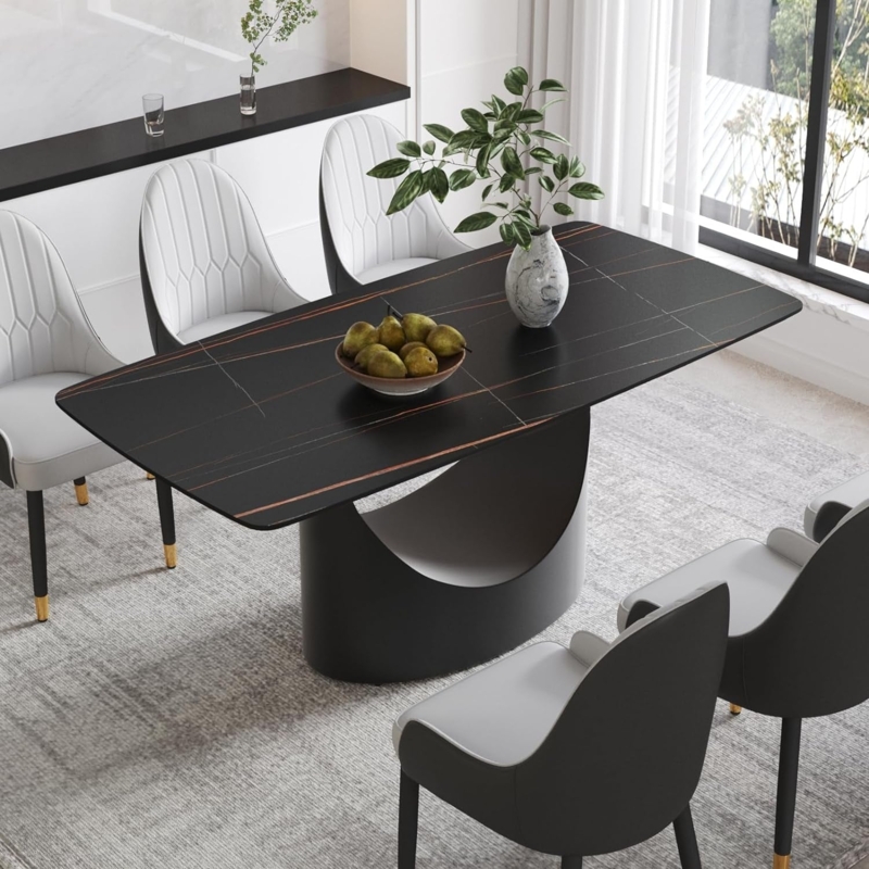 Dining Table Set: Matte Black U-Shaped Pedestal, Quilted Chairs