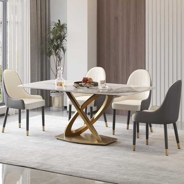 Dining Table Set Sculptural Gold Base Two Tone Chairs
