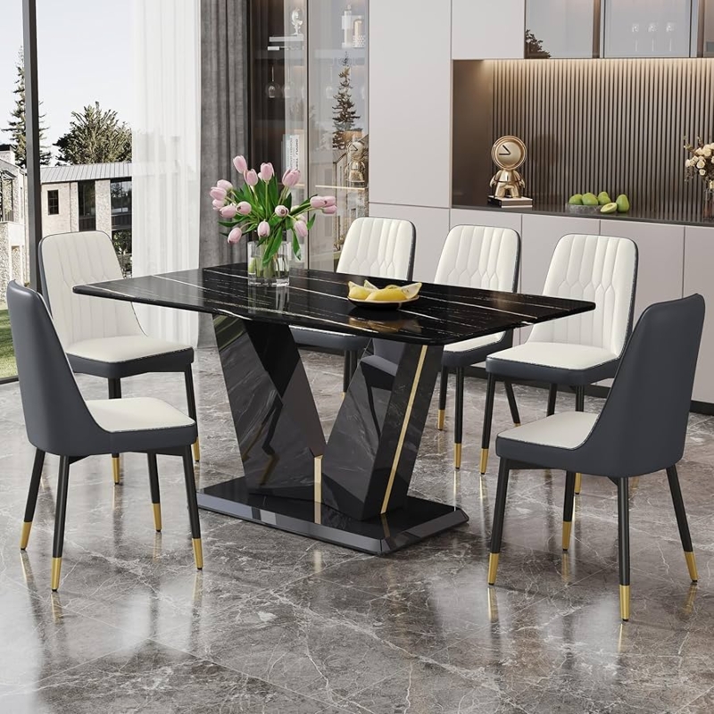 Dining Table Set: V-Shaped Pedestal Black Marble 7-Piece