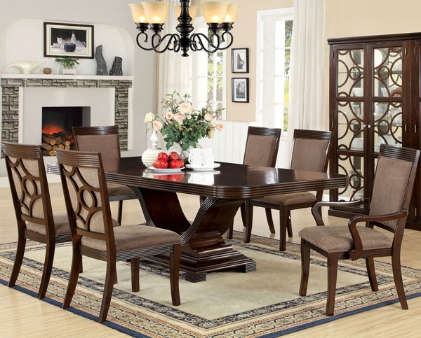 Dining Table Set Walnut Pedestal Geometric Lattice Back