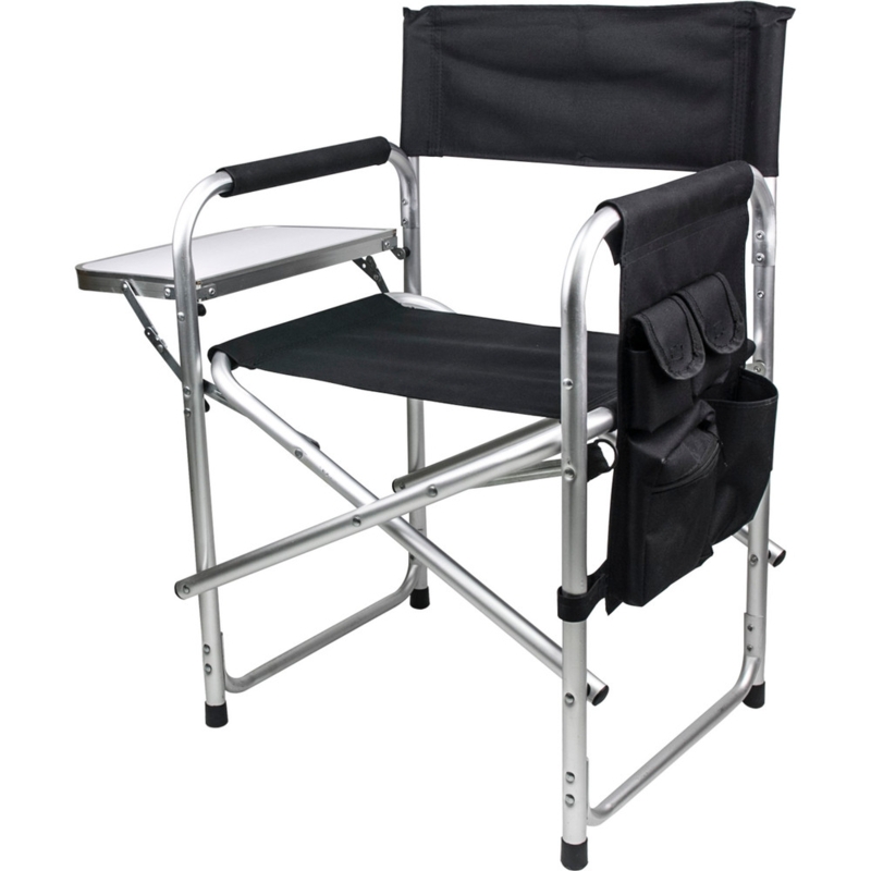 Directors Chair with Side Table and Storage Pockets in Brushed Metallic