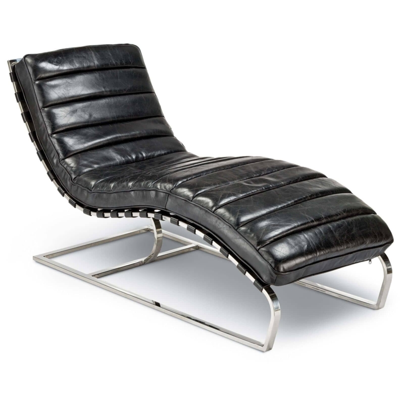 Distressed Black Channeled Chaise Lounge on Polished Chrome Sled Base