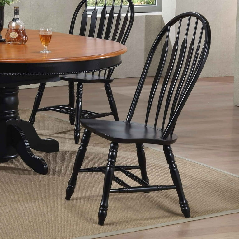 Distressed Black Dining Chair with Turned Legs and Cherry Brown Accents.