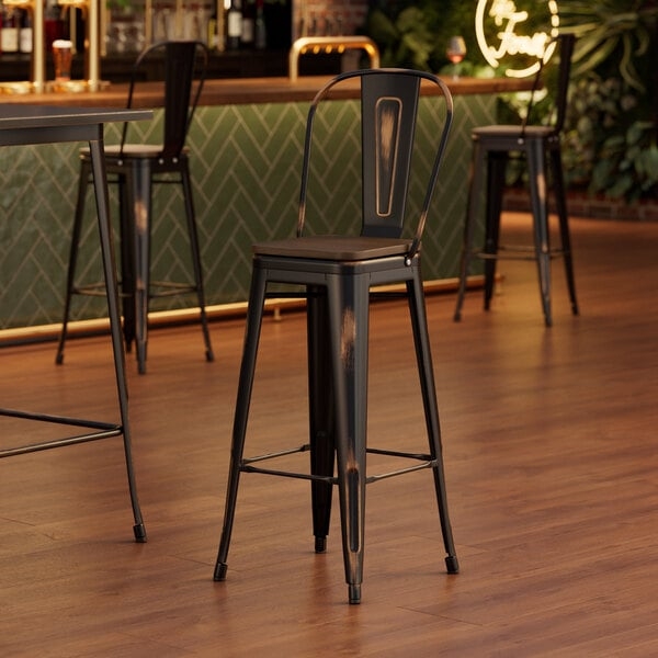 Distressed Copper Barstool with Walnut Wood Seat and Tapered Legs