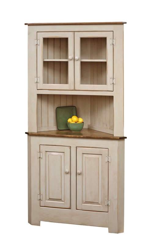 Distressed Cream Corner Hutch with Beadboard Backing and Open Niche