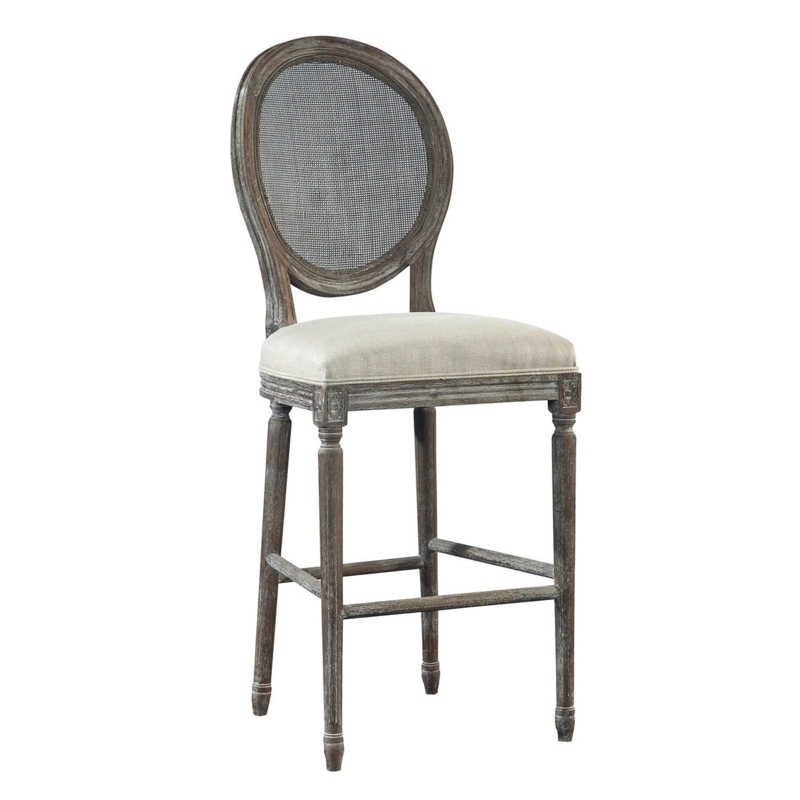 Distressed Gray Bar Stool with Oval Cane Back & Fluted Tapered Legs