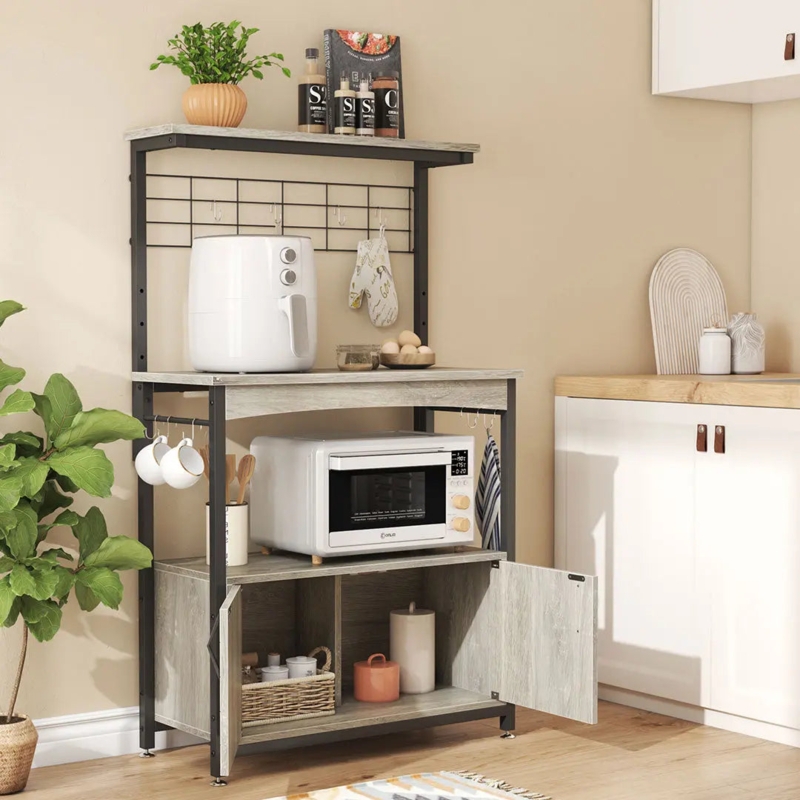 Distressed Grey Bakers Rack with Wire Grid Back Panel and Cabinet