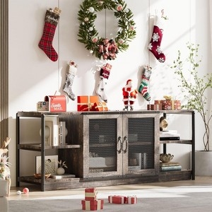 Distressed Oak Entertainment Center: Mesh Doors, Open Side Shelves.