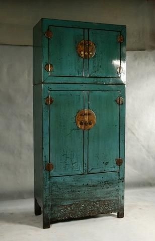 Distressed Turquoise Storage Cabinet Two Tier Design
