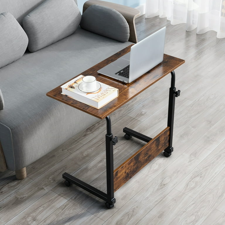 Distressed Walnut C-Shaped Side Table with Lower Support Panel on Wheels