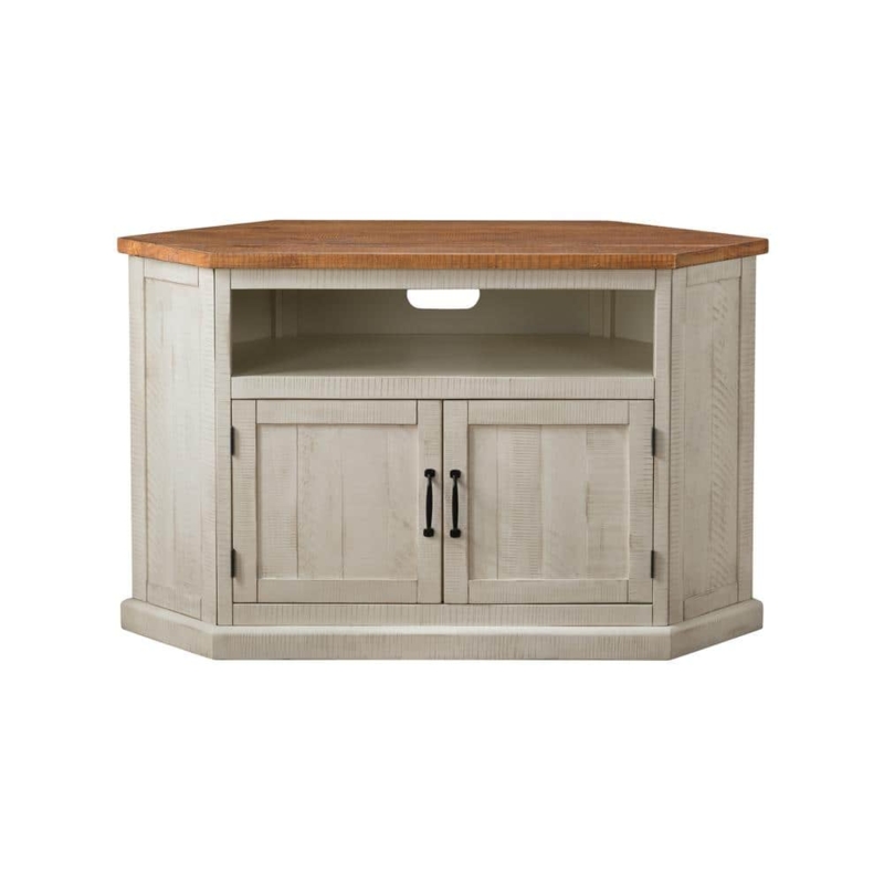 Distressed White Corner Media Console with Honey Top and Planked Doors