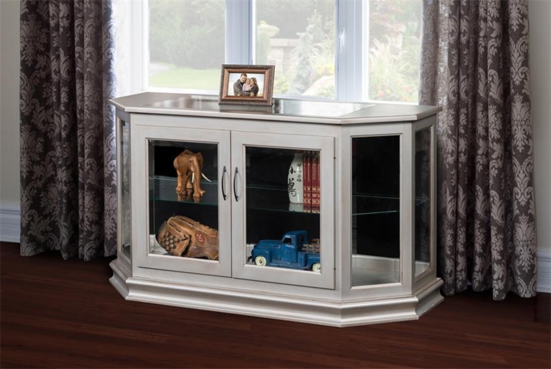 Distressed White Curio Console with Canted Corners and Glass Sides