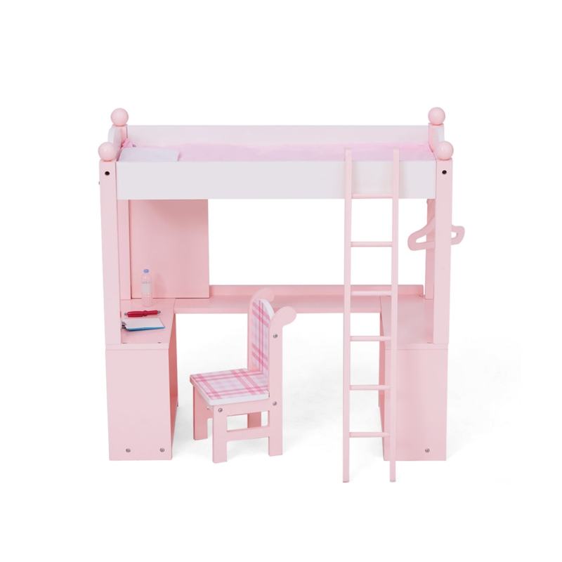 Doll Loft Bed: Pale Pink, Integrated Desk, 18 Inch Doll Furniture.