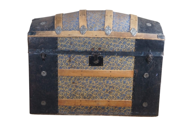 Dome Top Trunk Victorian Antique Embossed Floral Oak Banding