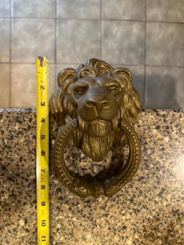 Door Knocker, Aged Brass Lion Head with Beaded Ring.