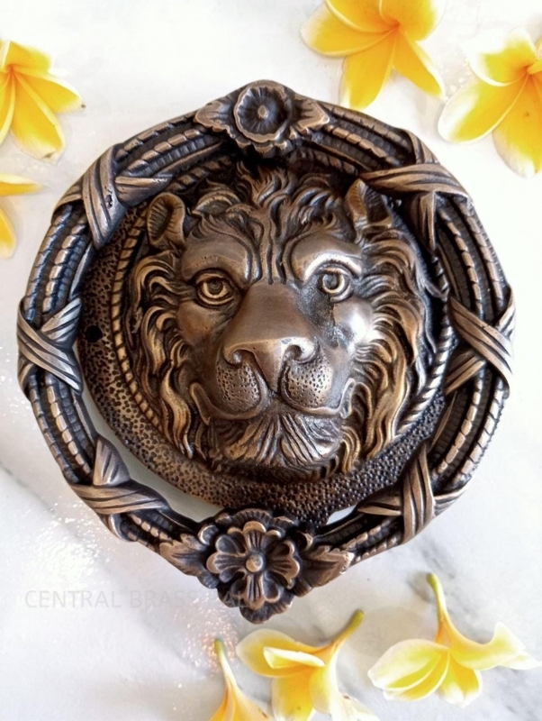 Door Knocker, Aged Patina Lion Head with Floral Accents.