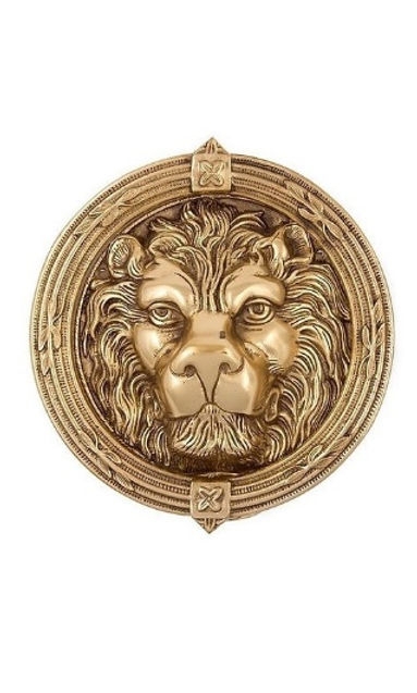Door Knocker, Antique Brass Lion Head with Foliate Border.