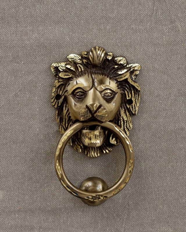 Door Knocker, Antique Brass Lion Head with Hammered Ring.