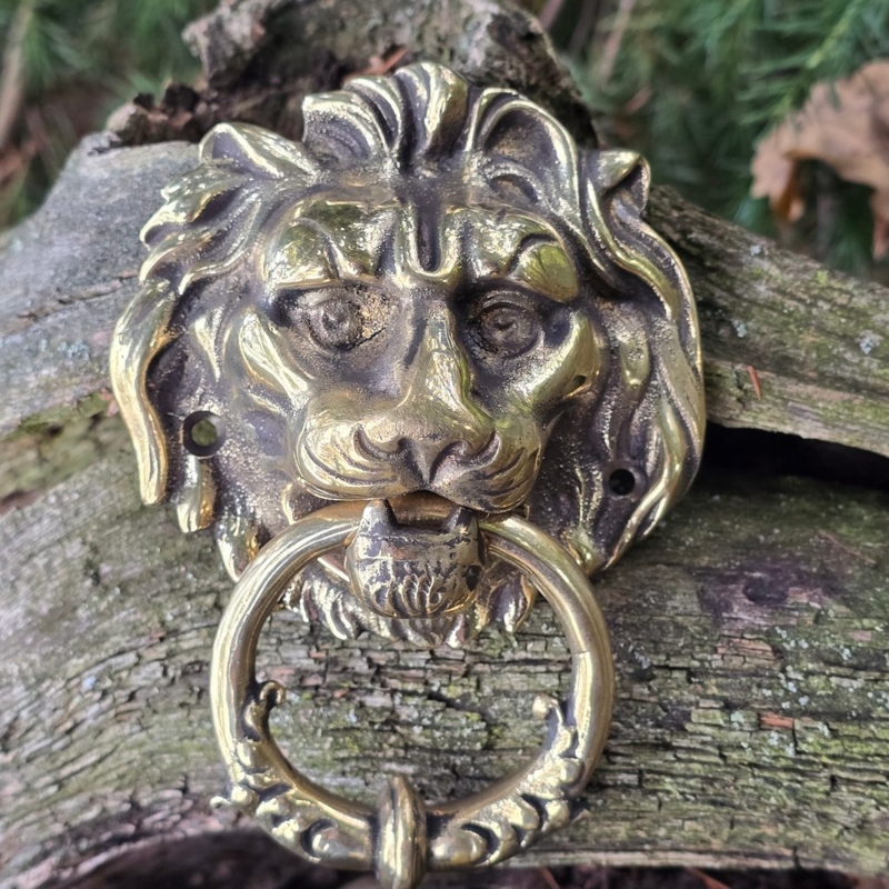 Door Knocker, Antique Brass Lion Head with Ornate Detailing.
