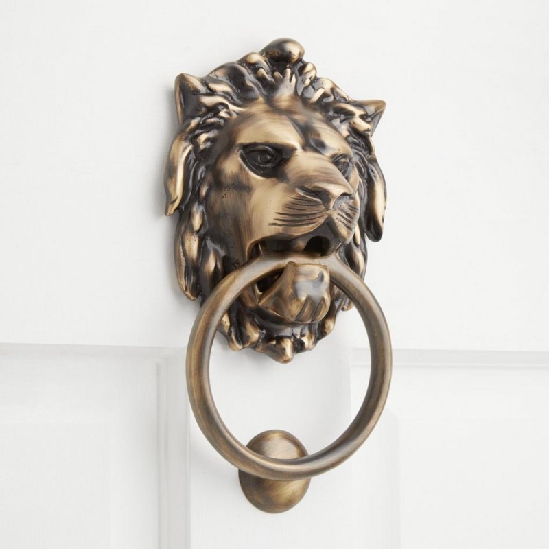 Door Knocker, Antique Finish Lion Head with Circular Ring.