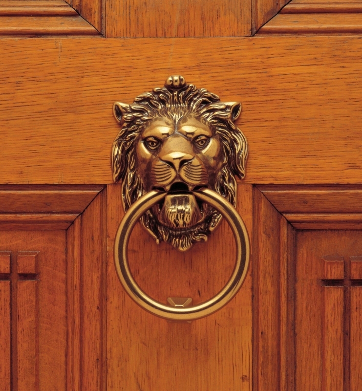 Door Knocker, Antique Gold Lion Head with Recessed Panels.