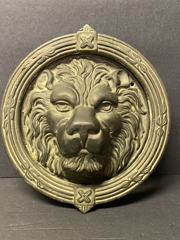 Door Knocker, Antique Patina Lion Head in Circular Frame.