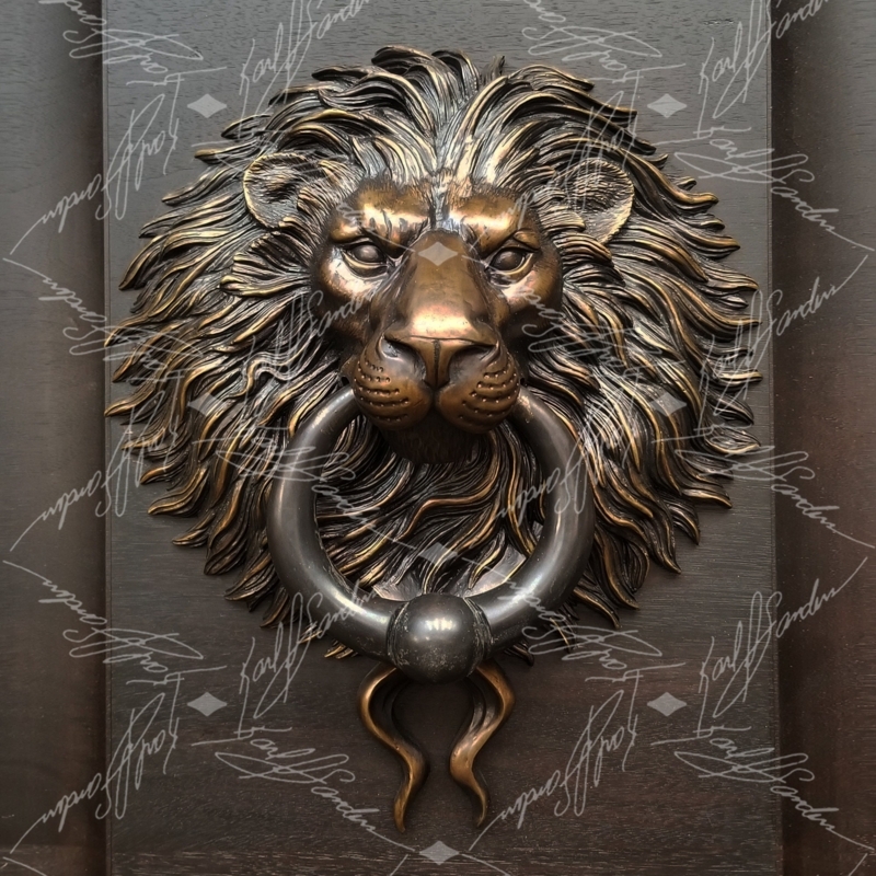 Door Knocker, Bronze Patina Lion Head with Ball Ring.