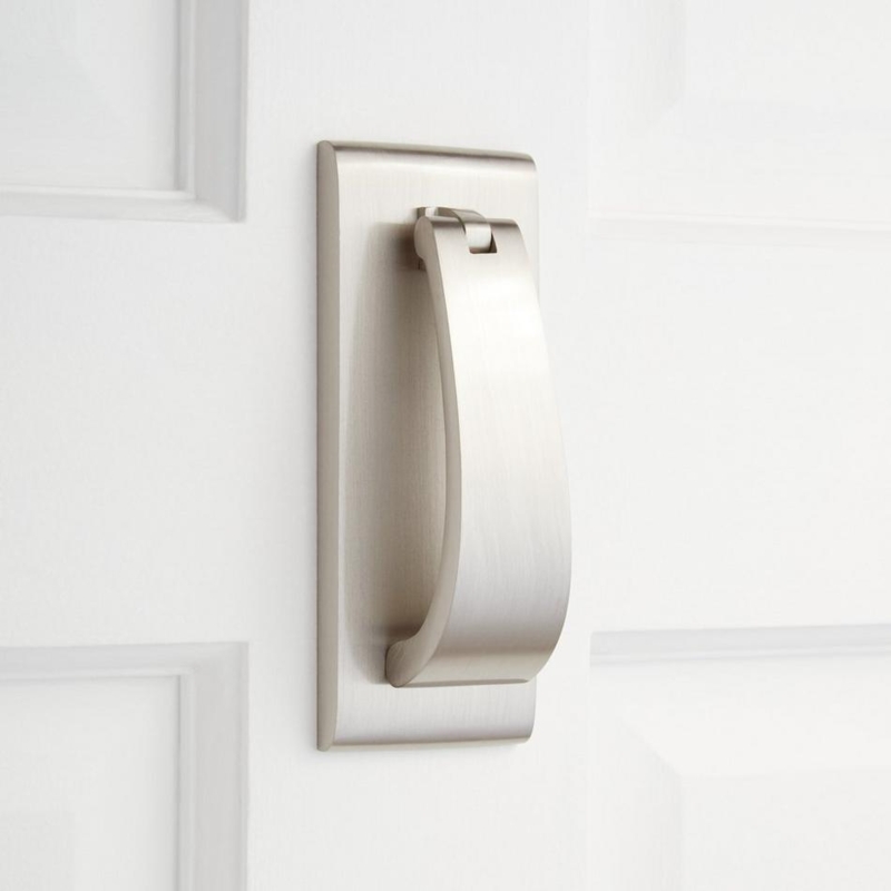 Door Knocker Curved Handle Satin Nickel Rectangular Backplate Modern