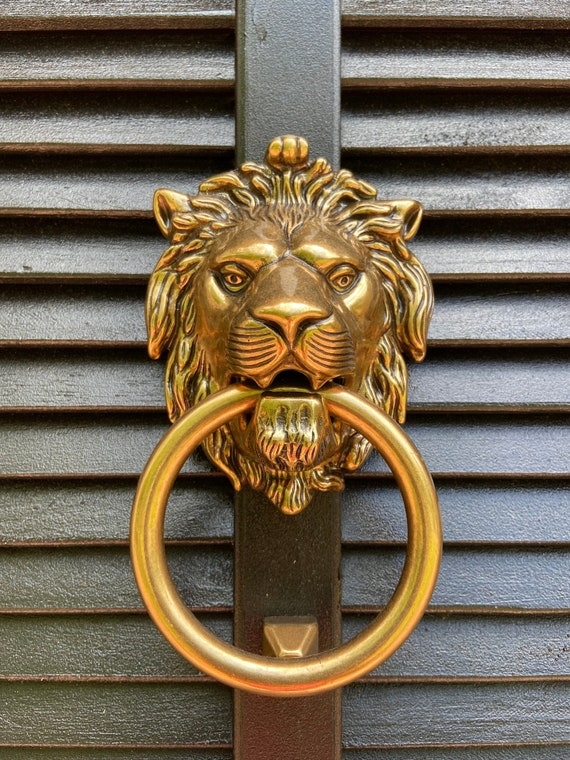 Door Knocker, Embossed Brass Lion Head with Thick Ring.