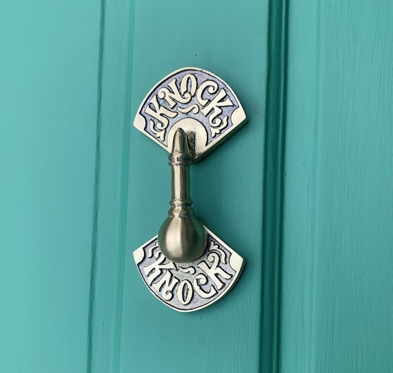 Door Knocker Fan Shaped Plates Polished Brass Art Deco Embossed Text