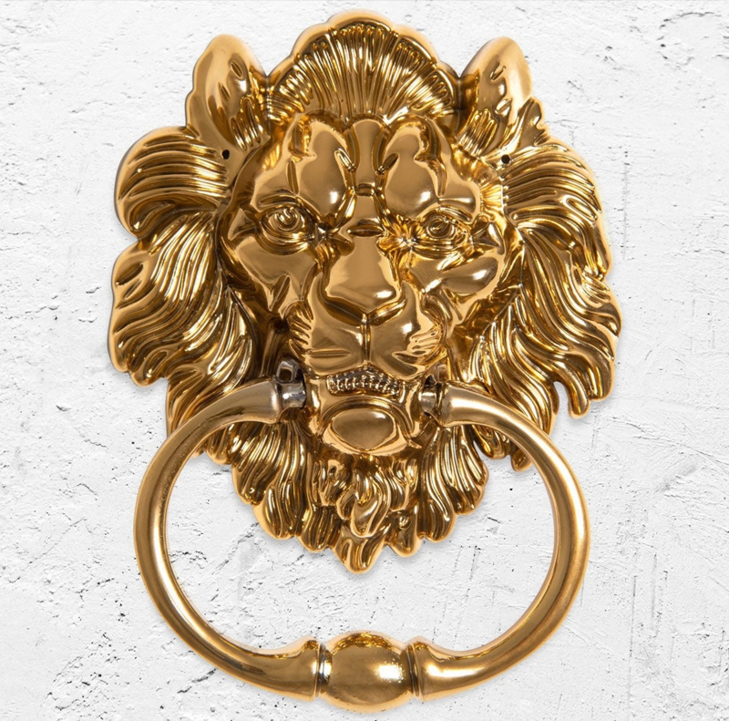 Door Knocker, Polished Gold Lion Head with Ornate Mane.