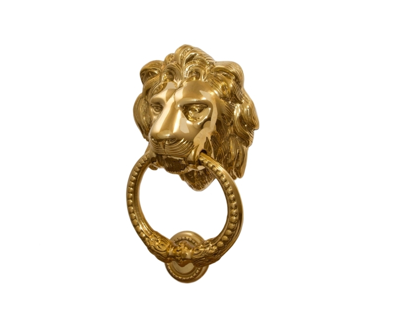 Door Knocker, Polished Mirror Finish Lion Head with Beaded Ring.