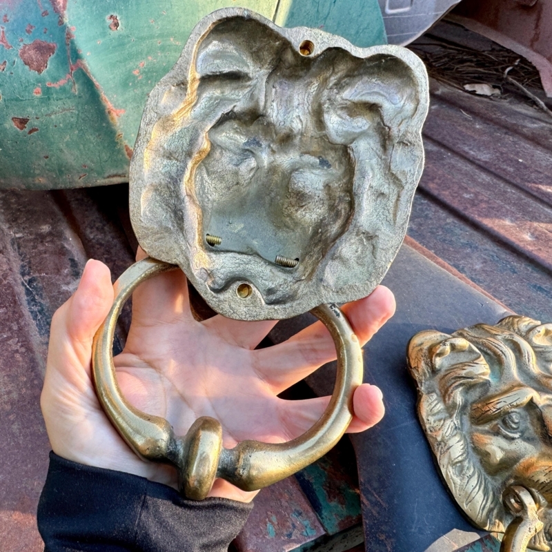 Door Knocker, Weathered Brass Lion Head Architectural Salvage.