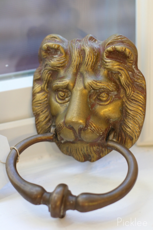 Door Knocker, Weathered Brass Lion Head with Heavy Relief.
