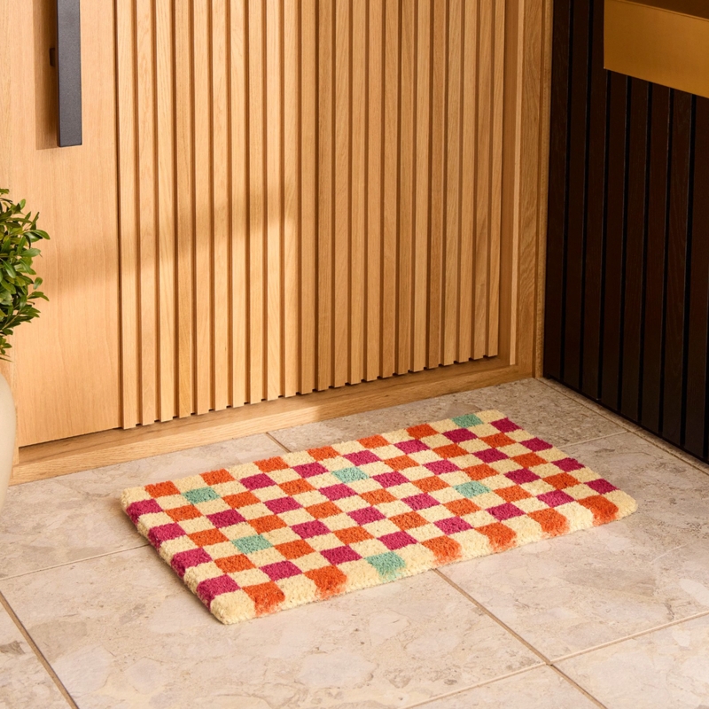 Door Mat: High Pile Checkerboard Pattern, Playful Multi-Color Grid