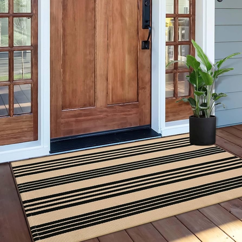 Door Mat: Reversible Woven Cotton Rug with Black & Khaki Stripes