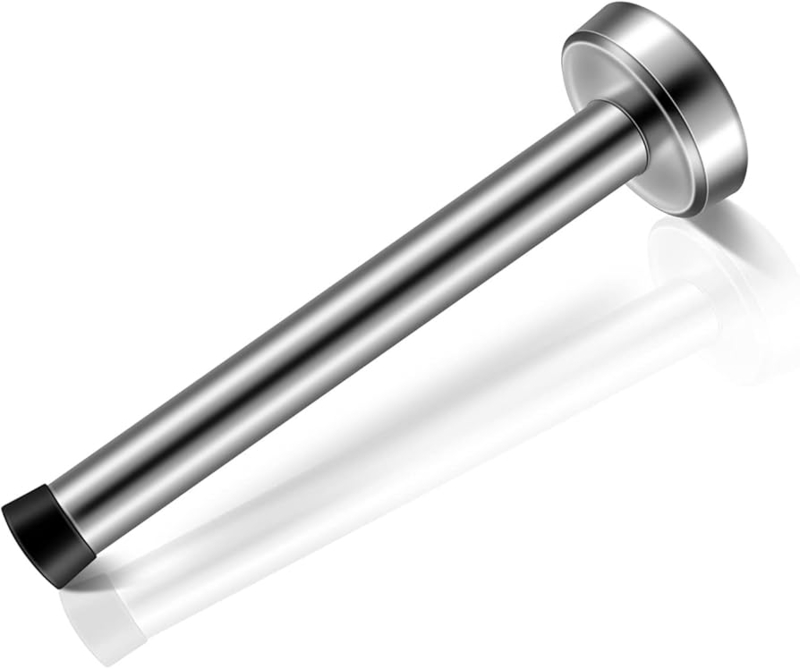 Door Stop, Long Reach Brushed Metal, Black Bumper Tip, Modern Wall Mount