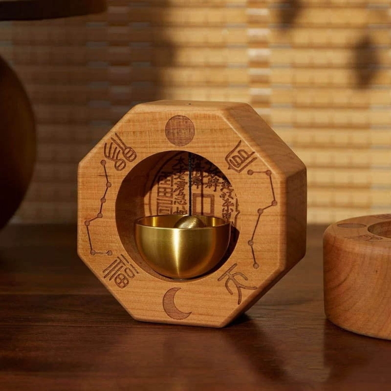 Doorbell Chime Octagonal Frame Engraved Symbols Polished Brass Bell Zen