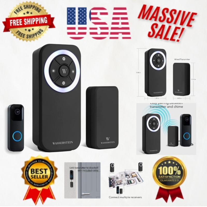 Doorbell Chime Receiver Matte Black Wired Transmitter Circular LED Ring