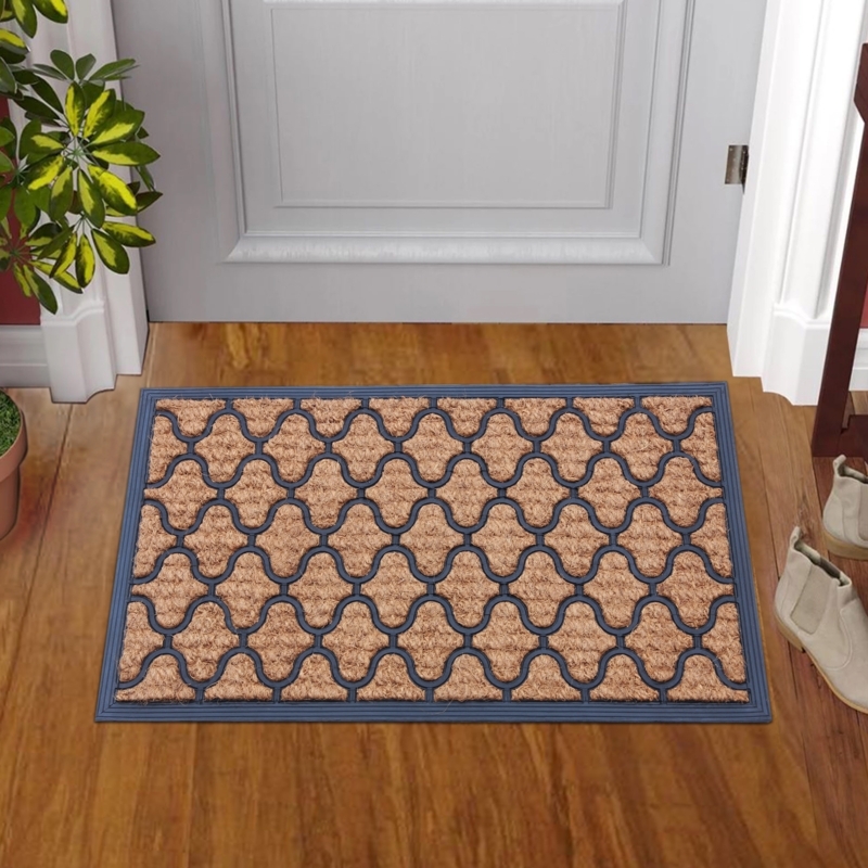 Doormat: Interlocking Wavy Pattern with Navy Blue Border, Coir Inserts