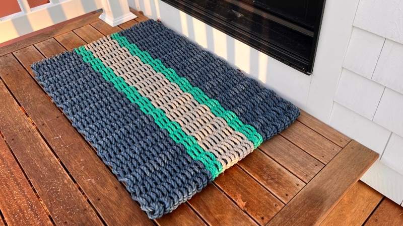 Doormat: Nautical Rope Weave with Teal Green Stripe, Coastal Decor