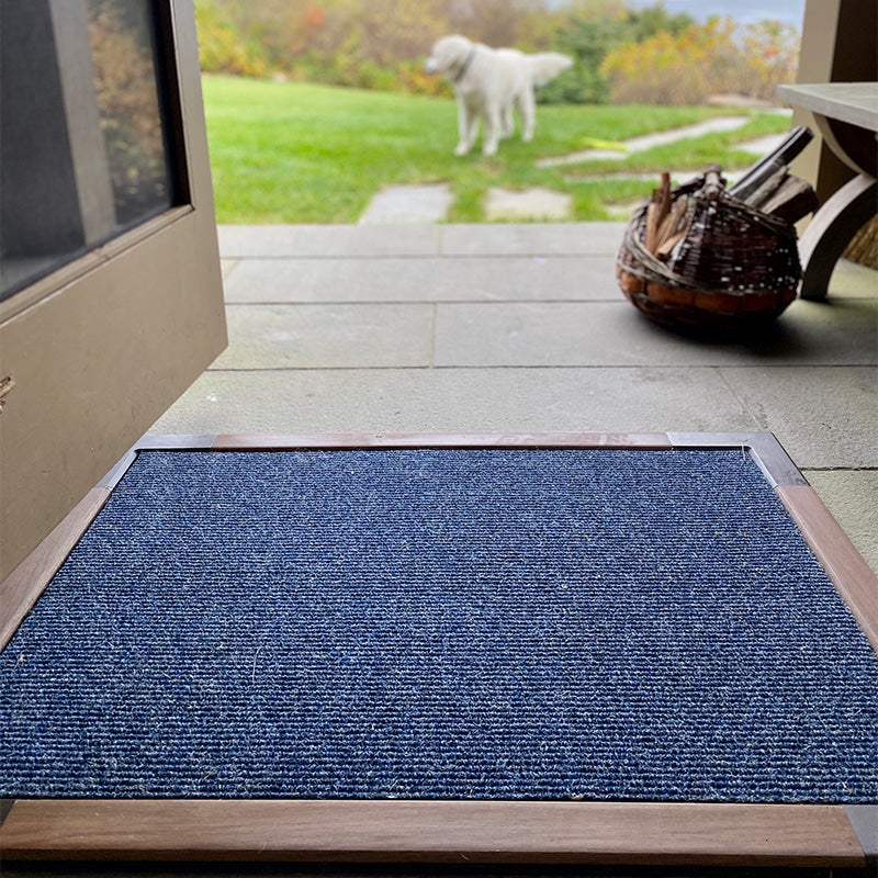 Doormat: Wood Framed Entryway Mat with Navy Ribbed Texture